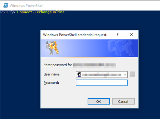 PowerShell Prompt showing an authentication popup that has the username field pre-filled with the current user's UPN